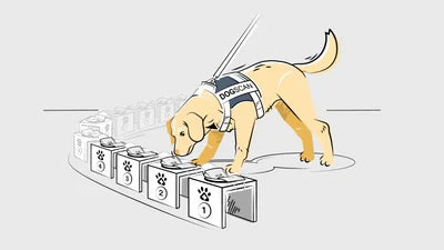 Ein Spürhund prüft eine Probe an der Station